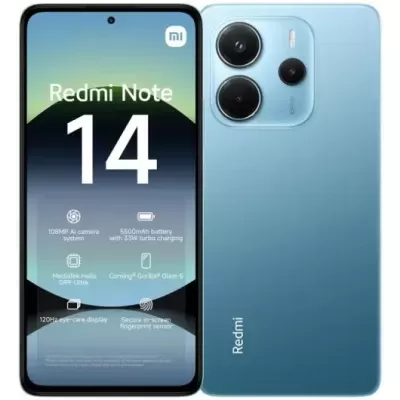 Smartphone Redmi Note 14 azul visto de frente e de costas mostrando características no ecrã