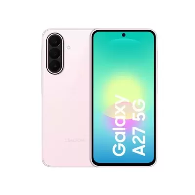 Smartphone Samsung Galaxy A27 5G rosa com ecrã frontal ligado e três câmaras traseiras
