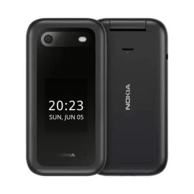 Telemóvel flip preto Nokia com ecrã exterior a mostrar hora e data