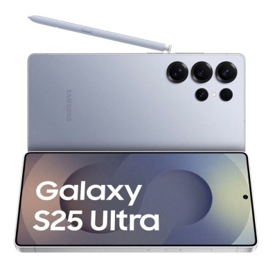 Smartphone Samsung Galaxy S25 Ultra prateado com caneta e texto no ecrã