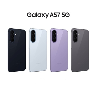 Quatro telemóveis Samsung Galaxy A57 5G em várias cores com câmara tripla