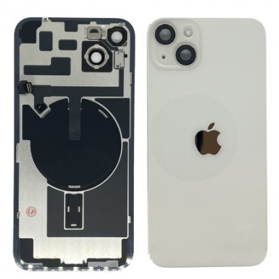 Tampa traseira branca de smartphone Apple com logo e peça interna metálica