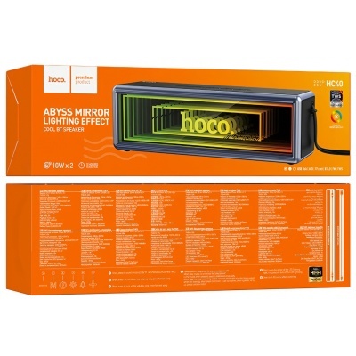 Embalagem alaranjada de coluna Bluetooth preta com luzes verde e amarelas e texto hoco.
