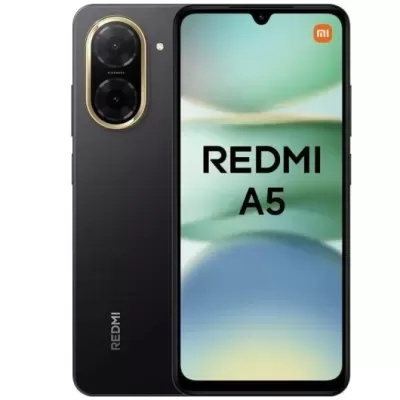 Smartphone Redmi A5 preto com ecrã frontal e câmara traseira dupla
