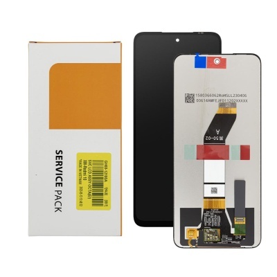 Ecrã tátil para smartphone preto ao lado de embalagem branca com etiqueta amarela