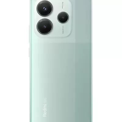 Smartphone Redmi 5G verde claro com três câmaras traseiras em módulo branco