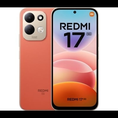 Smartphone Redmi 17 5G laranja com duas câmaras grandes e ecrã com texto REDMI 17 5G