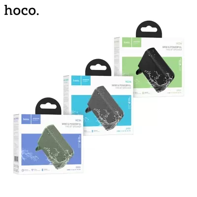 Embalagens do carregador portátil HOCO Mini & Powerful Type-C 20W SPEAKER em verde, cinza e preto.