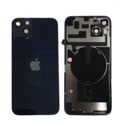 Tampa traseira preta de smartphone com logótipo da Apple e parte interna do mesmo modelo de smartphone
