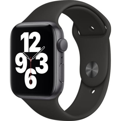 Relógio inteligente preto com bracelete preta e números brancos grandes no ecrã