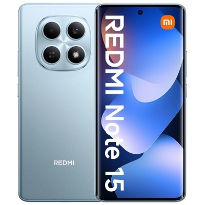 Smartphone Xiaomi Redmi Note 15 azul com câmara tripla e ecrã frontal
