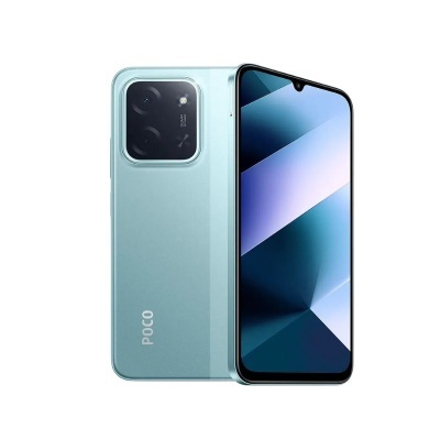 Smartphone POCO azul claro com ecrã amplo e módulo de câmaras traseiro