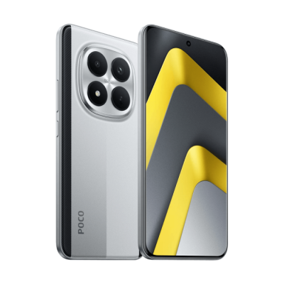 Smartphone POCO cinza prateado com quatro câmaras e ecrã colorido
