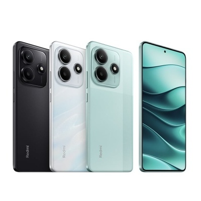 Quatro smartphones Redmi, três vistos de costas em preto, branco e verde, e um de frente com ecrã ligado