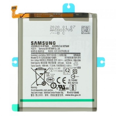 Bateria Samsung para smartphone, branca com texto, conectores flex laranja