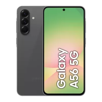 Smartphone Samsung Galaxy A56 5G cinzento escuro com ecrã verde e texto Galaxy A56 5G
