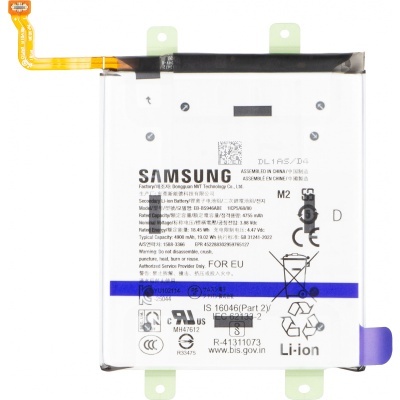 Bateria Samsung Li-ion branca com conector flex laranja e etiquetas com texto e símbolos