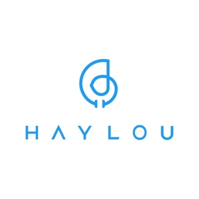 Logótipo azul da marca HAYLOU com símbolo gráfico circular sobre fundo branco