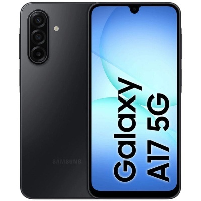 Smartphone Samsung Galaxy A17 5G preto com três câmaras verticais e ecrã grande