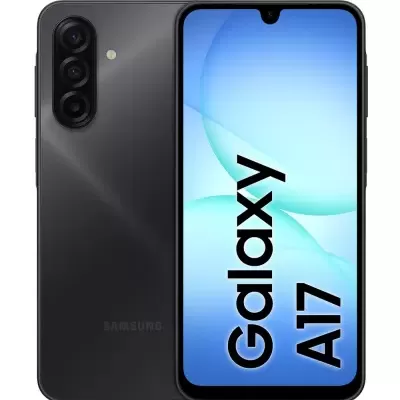 Smartphone Samsung Galaxy A17 preto com ecrã frontal e três câmaras traseiras