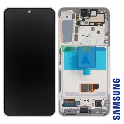 Display frontal e traseira desmontada de telemóvel Samsung com componentes visíveis