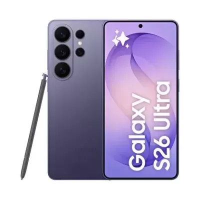 Smartphone roxo Samsung Galaxy S22 Ultra com caneta stylus.