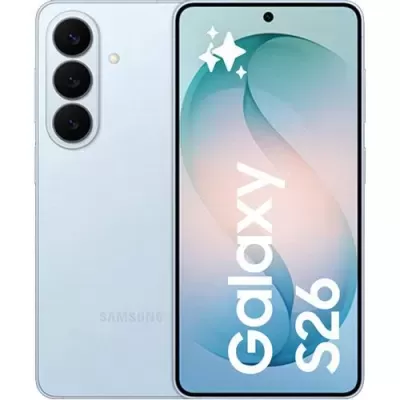 Smartphone Samsung Galaxy S26 azul claro com três câmaras traseiras e ecrã frontal com texto