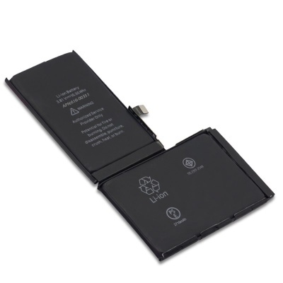 Bateria de iões de lítio preta para dispositivo eletrónico com texto branco e símbolos de reciclagem