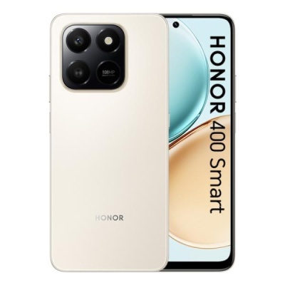 Smartphone HONOR 400 Smart branco perolado com três câmaras e ecrã com texto vertical