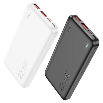 Duas power banks, uma branca e uma preta, com 22.5W e múltiplas portas USB