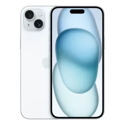Smartphone branco com duas câmaras traseiras grandes e ecrã frontal com formas azuis e brancas