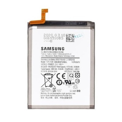 Bateria de íon de lítio Samsung branca com texto técnico e símbolo de advertência