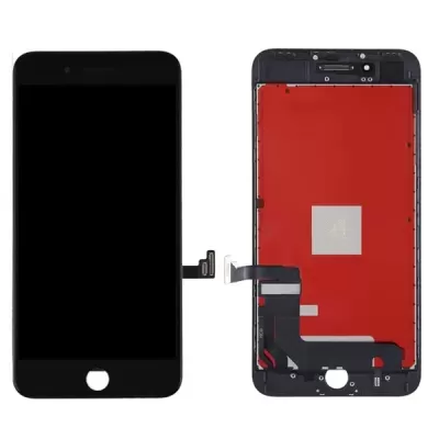 Peça frontal para smartphone preto com ecrã e tela tátil, parte de trás vermelha e conectores flexíveis