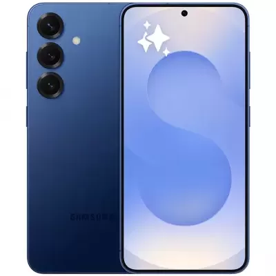 smartphone Samsung azul com três câmaras traseiras e ecrã frontal com símbolo branco