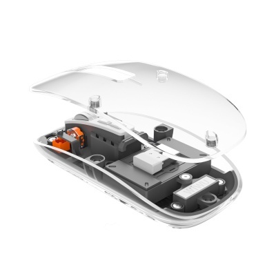 Rato de computador transparente com componentes eletrónicos visíveis
