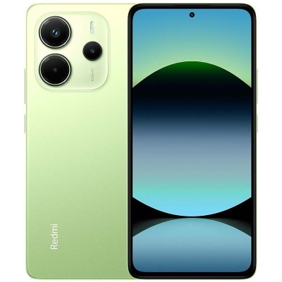 Smartphone Redmi verde claro vista frontal e traseira