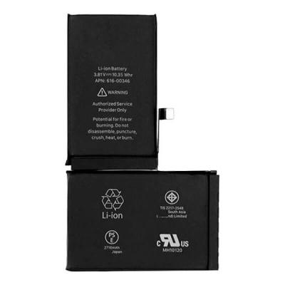 Bateria de iões de lítio preta com texto branco e símbolos de reciclagem e certificações.