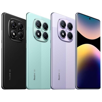 Quatro smartphones Redmi 5G cores preto, verde claro e lilás, quatro câmaras traseiras grandes, ecrã frontal com câmara no centro