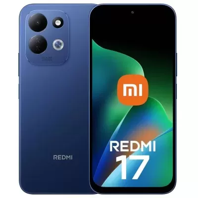 Smartphone Redmi 17 azul com três câmaras e ecrã frontal com logotipo Xiaomi