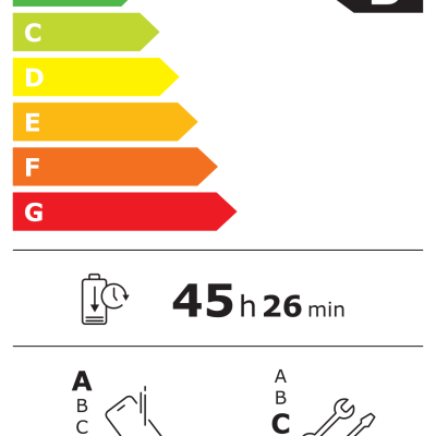Etiqueta energética Redmi com classificação B, duração 45h26min, ícones de resistência, reparação, carga 1000x e IP54