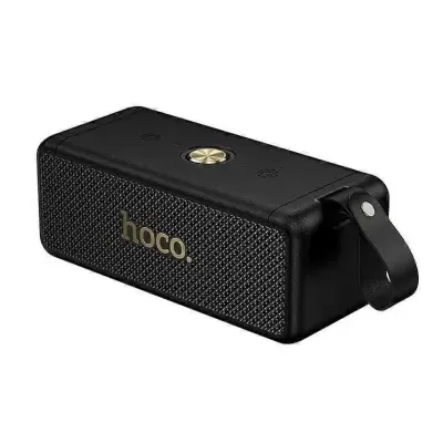 Coluna portátil Bluetooth preta com acabamento em tecido e botão dourado