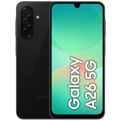 Smartphone Samsung Galaxy A26 5G preto com ecrã e câmaras