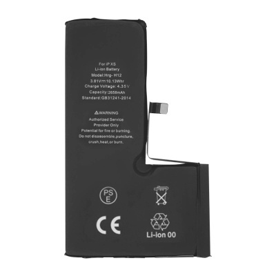 Bateria Li-ion preta para iPhone XS com texto informativo e símbolos certificadores