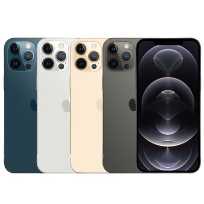 Cinco iPhones Apple em diferentes cores alinhados, com o último mostrando o ecrã ligado