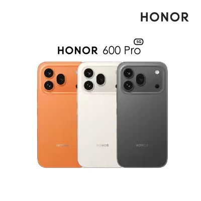 Três smartphones HONOR 600 Pro nas cores laranja, branco e cinza escuro vistos de costas