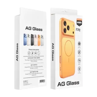 Embalagem branca para capa de telemóvel AG Glass amarela com texto e ícones de proteção