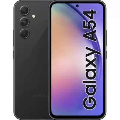smartphone Samsung Galaxy A54 preto com ecrã frontal a mostrar texto Galaxy A54