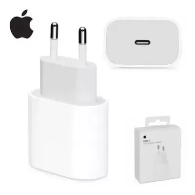 Carregador USB-C Apple branco com dois pinos e embalagem