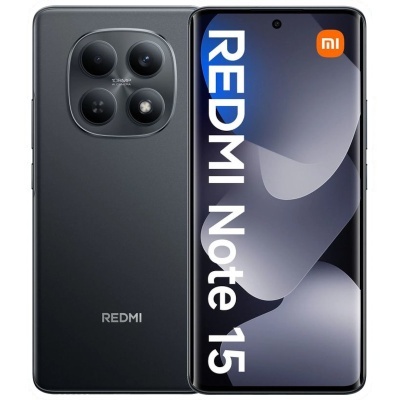 Smartphone Redmi Note 15 preto com câmara quádrupla e ecrã digital