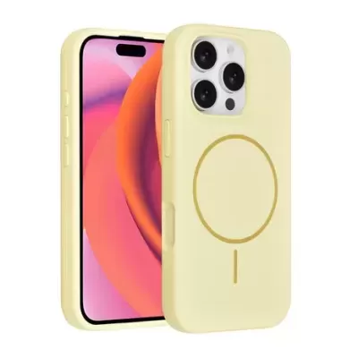 Smartphone com capa protetora amarela e ecrã ligado com fundo rosa e laranja